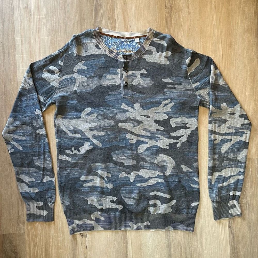 $178 Robert Graham Knit Camo Henley Sweater Men Medium Classic Fit Jaxen